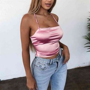 Wysokiej Jakości Moda Kobiety Sexy Styl Satin Silk Backless Backs Bandaż Kamizelka Bluzka Topy Strappy Summer Beach Cami Tank 210607