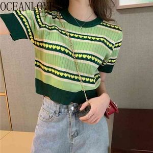 Donne lavorate a maglia moda coreana tutte le partite minimalismo top pull femme maglione allentato o-collo a righe manica corta 210415