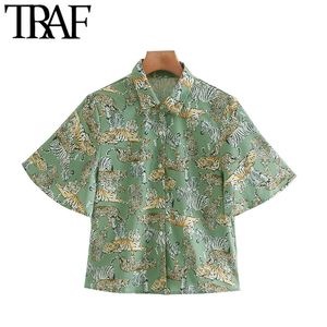 TRAF Mulheres Moda Animal Imprimir Button-Up Blusas Vintage Lapela Collar Manga Curta Feminina Camisas Chique Tops 210415