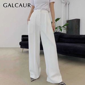 Galcaur Solid Women's Wide Leg Pant High Waist Zipper Fickor Plus Storlek X Long Chiffon Byxor Kvinna 2021 Höstkläder Q0801