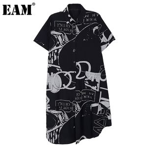 [EAM] Women Black White Letter Print Ruffles Dress Lapel Short Sleeve Loose Fit Fashion Spring Summer 1DD7138 210512