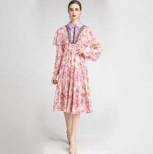 Women's Runway Dress Turn Down Collar Long Sleeves Printed Embroidery Patchwork Fashion Mid Dresses Vestidos