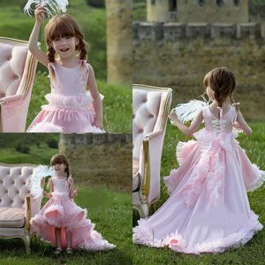 New Pink Princess Lace Flower Girl Dresses Hi Low Ruffles Tiered Girls Pageant Dress with Pearls Upscale Kids Formal Gowns Custom Made