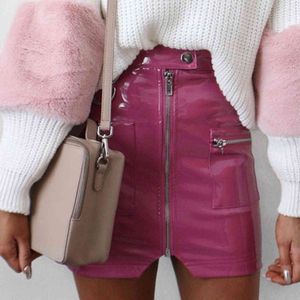 Womens Sexy PU Leather Skirts Fashion Zipper Skirt High Waist Pencil Evening Party Club Wear Bodycon Short Mini Skirt 2021 X0428