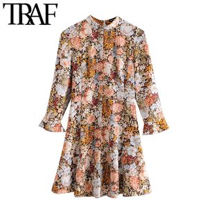 TRAF女性シックなファッションフローラルプリントフリルミニドレスビンテージ3クォータースリーブバックジッパーメスドレスMUJER 210415
