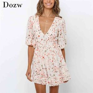 Summer Print Mini Dress Women Sexy Deep V Neck Pleated es Lantern Sleeve Beach Chiffon Sundress Robe Femme 210515