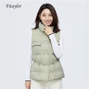 Fitaylor Ultra Lightダウンベスト女性ショートジャケットホワイト90％アヒルコート防風軽量の暖かいウイストコート調節可能なウエスト210923