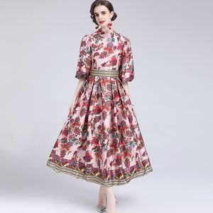 Runway-Kleider für Damen, O-Ausschnitt, halbe Ärmel, Blumenmuster, gerüscht, elegantes mittleres Kleid, Vestidos