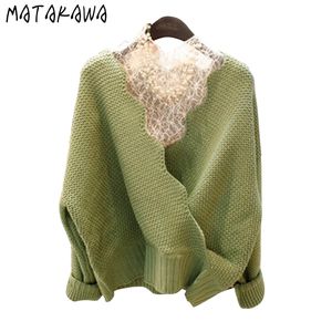 Matakawa Koreańska Koronka Koronki Koronki Koszula + Dzianiny Sweter V-Neck Sweter Top Kobiety Dwa kawałki stroje dla kobiet 210513