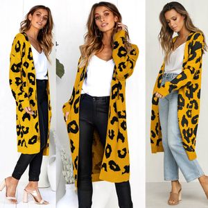 Женщины леопард вязаный длинный кардиган с длинным рукавом свитер пальто для женских женщин осень осенью туалетные пальто женщин осень 210518