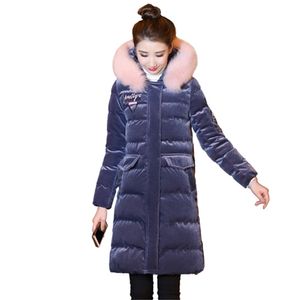 綿の服の女性の冬の韓国の太い綿のコートのロングセクションゴールドベルベット210923