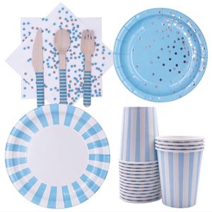 Высококачественные пятнистые полосатые одноразовые посуды Blue Plates Cup Happy Birthday Vide Decor Kids Boy 1-й детский душевой посуда