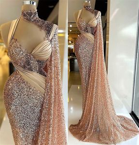 2022 Plus Size Arabiska Aso Ebi Gold Mermaid Sparkly Prom Klänningar Beaded High Neck Evening Formell Party Andra receptionen klänningar klänning zj11