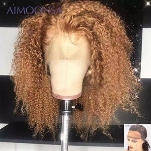 Brown loira Afro Kinky Curly Wig Mongolian Hair Densidade x4 Peruca frontal de renda sintética para mulheres negras