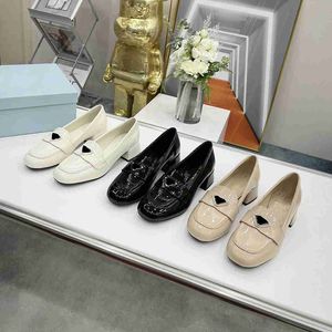 Party woman dress single shoes designer patent leather round toe triangle thick heel office lady banquet pumps with box