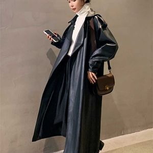 ネラザリ春の黒の特大の長い防水レザートレンチコート女性長袖緩い韓国のファッション服211204