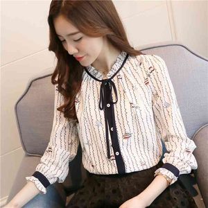 Kobiety Bluzka Koszula Casual White Striped Bow Flower Print Długie Rękaw Koszulki Topy Szyfonowy Wzburzyć Blusas 910H 210420