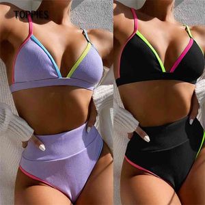 Summer Ribbed Swimsuit Woman Sexy High Waist Split Bikini Bathing Suit Biquini Beachwear 210421