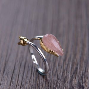 Klaster Pierścionki Autentyczne 925 Sterling Silver Tulip Flower Dla Kobiet Akcesoria Naturalne Róża Kwarc Resizable Fine Jewelry Anello Donna