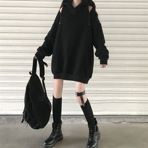 春秋の女性の上の日本の黒の薄いストラップレスフード付きスウェットシャツ緩い長袖プルオーバースウェットSL727 210506