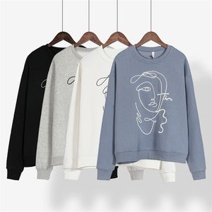 Kvinna fleece sweatshirts appliques abstrakt tjejer pullover hoodies casual kvinnliga toppar 210421