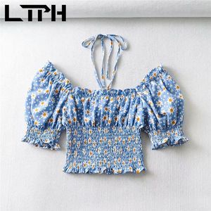 sweet floral shirt short shoulder puff sleeve womens tops and blouses sexy halter elegant vintage Blouse Summer 210427