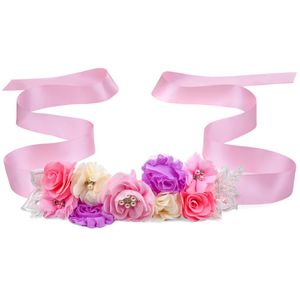 Bälten rosa blommor flicka Sash Belt för barn Kvinnor Moderskap i midja Rhinestone Flowers Lace Ribbon Bridal Wedding Dress Midjan