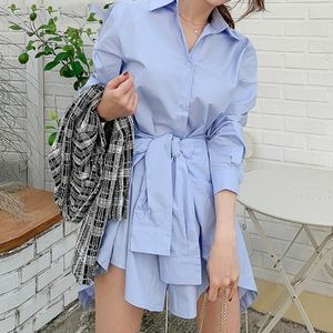 Drehen Unten Kragen Langarm Getäfelten Gestreiften Spitze Up Overall 16W550 Sommer Weibliche Koreanische Chic Elegante Strampler 210510