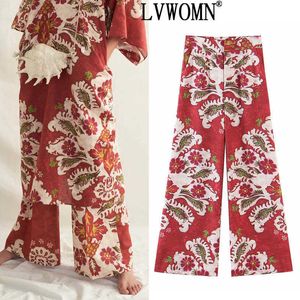 Lvwomn Za 2021 Lato szerokie spodnie do nóg dla kobiet wysoki talia spodnie kobieta rocznika czerwone spodnie kwiatowe indie estetyczne szerokie spodnie Q0801