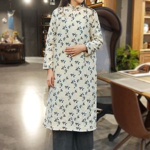 Johnature Women Vintage Plus Cotton Dress Stand Button Kinesisk stil Skriv ut Blomlinne Höst Vinter Kvinnor Varm klänning 210521