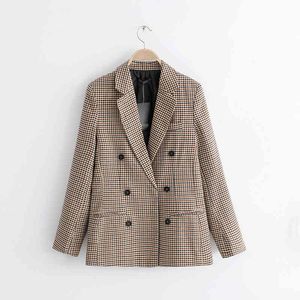 Höstkvinnor Brun Plaid Blazers Kvinna Jackor för Kvinnor-S Outwear Feminine Office Ladies Notched Collar Toppar Suits Sets 210421