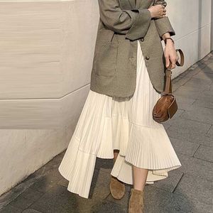非対称プリーツシフォンスカート春夏韓国ファッションハイウエストスリムホワイトAライン女性ロングスカートS668