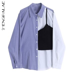 Fake Two-Piece Striped Blouse Women's Spring Lapel Single Breasted Långärmad Patchwork Suspender SHIRT 210427