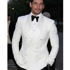 Custom Made White Man Suit Tuxedos För Män 2019 Brudgum Tuxedo Skräddarsydd kostym Sjal Lapel Vit Bröllopskläder för män (Jacka + Byxor) X0909