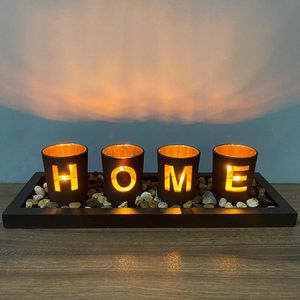 Titulares de velas Casa decorativa de castiçadeira ornamental pedras de terra bandeja de madeira preta e xícaras de vidro com presente