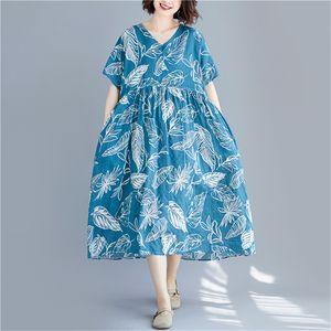 Johnature Donna Stampa Abiti floreali Scollo a V Manica corta Estate Miscela di cotone Abiti a vita alta Abiti da donna vintage 210521