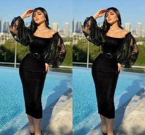 Elegant Black Long Sleeves Velvet Mermaid Prom Dresses with Sash Tea Length Short Bride Special Banquet Evening Cocktail Party Gowns Custom Made