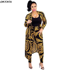 Damska daszka Moda Sexy Z Długim Rękawem X-Długi National Print Trench Coat Skinny Legginsy 2 zestawy Garnitury Stroje X9041 211105