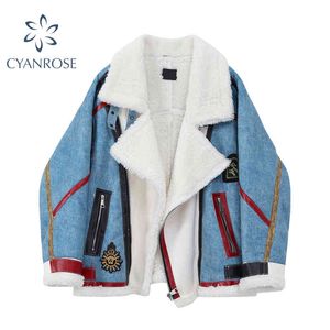 Motorcykelrock Kvinnor Stand Krage Bandage Sida Zipped Pocket Blue Vintage Thinken Jacka Outwear Sheepskin Lambswool Teddy Coat 210417