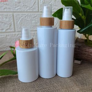 120/150/250 ml 100 st vita plastflaskor med bambu lotion cap, kosmetisk förpackning schampo gel flytande tvål flaskor