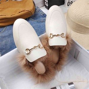 Women Flats Autumn and Winter Slippers for Women Mules Slippers for Women Thermal Fashion Rabbit Hair and Wool Wrapped Flats