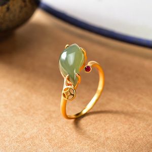 Sterling Silver Inlaid Natural Hetian Jade Retro Ethnic Style Advanced Opening Adjustable Women's Ring Fine Jewelry K0011
