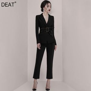 EADT Wide Leg Pants Two Piece Suit Turn-down Collar Long Sleeve Slim Women Black Rivet Fashion Tide Summer 7E0243 210421