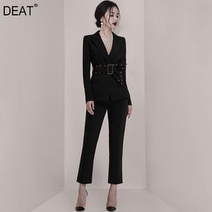 Etht Wide Leg Calças Dois Peça Terno Defesa Coleira De Manga Longa Slim Mulheres Black Rebite Rivet Fashion Maré Verão 7E0243 210421