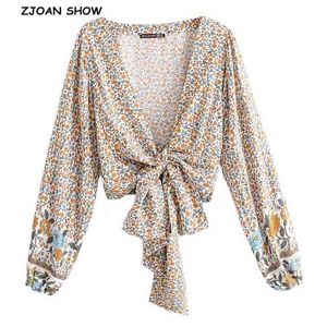 Women Bohemian Sun Flower Print Kimono Shirt Batwing Sleeve V-Neck Lacing Up Tie Bow Cardigan Blouse Femme Blusas 210429