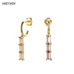 Andywen 925 Sterling Silver Champagne Line Drop Earring Charms Mini Circle Dangle Women CZ Zircon Crystal Luxuryluxury Smycken 210608