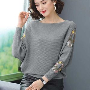 Kwiat Haft Batwing Rękaw O-Neck Sweter Spring Casual Luźne Pulowniki Dzianiny Duży Rozmiar Knitwear Topy Kobiet 211011