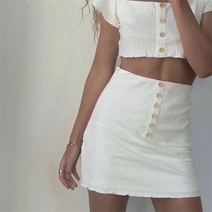 Stickad ribbad vit sommarklänning Knapp upp Casual Set Passar Sexig Crop Top Short Kjol Två Pieces Skirts 210427