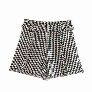 Kobiety Vintage Houndstooth Plaid Woolen Spodenki Ladies Tassel Edge Casual Slim Side Zipper Kieszenie Pantalones Cortos P591 210420