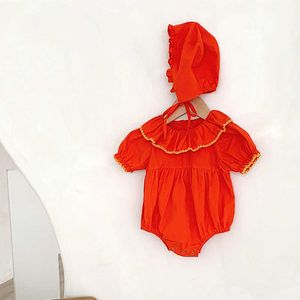 2Pcs Summer Baby Girls Red Cotton Romper with Hat Infant Korea Jumpsuit Children Birthday Rompers Toddler Bodysuit 210615